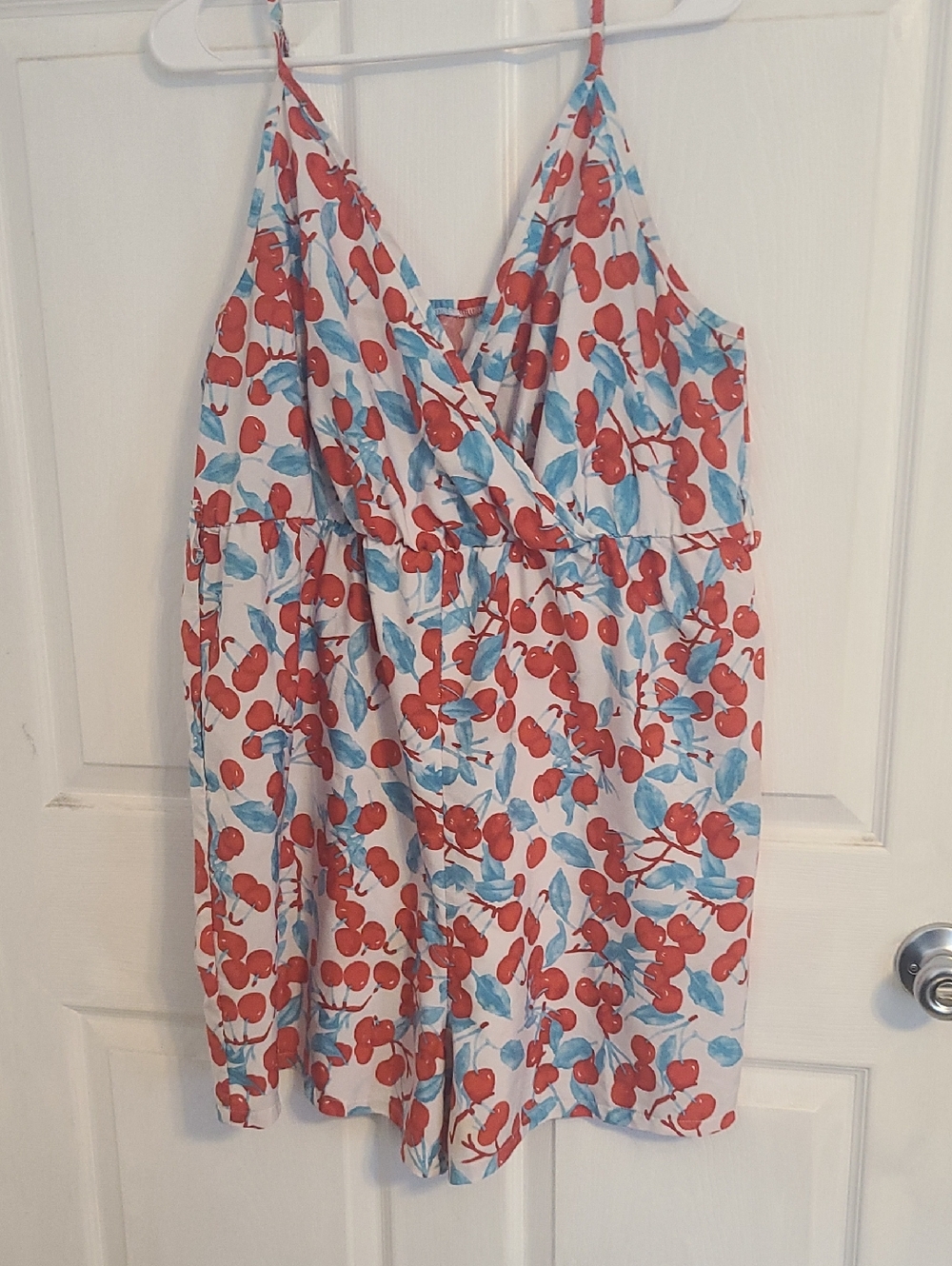 SHEIN Cherry Print Spaghetti Strap Romper in Red, Blue & White